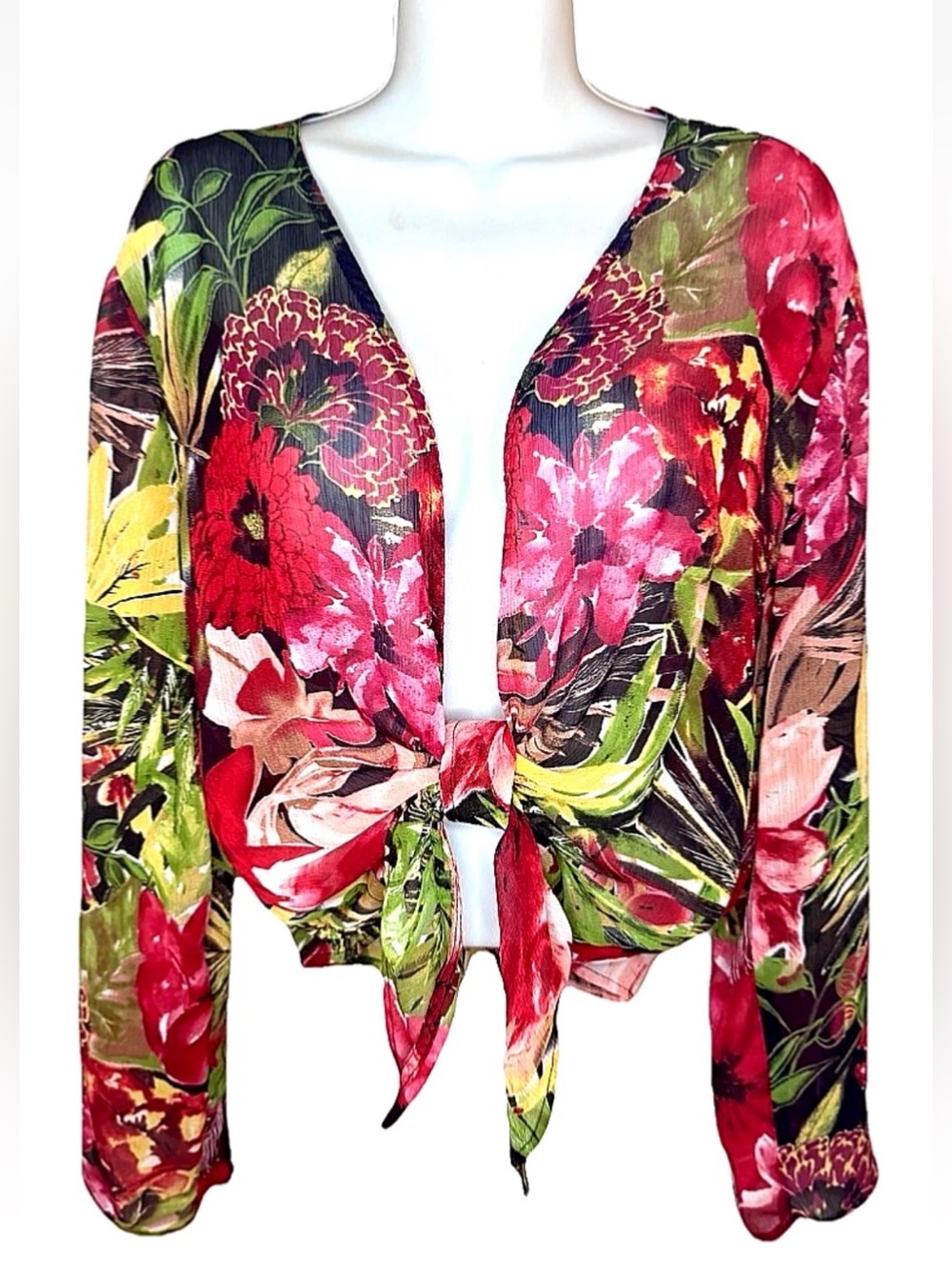 🌴CHICO’S🌴 SHEER CRINKLE TROPICAL FLORAL LONG SLEEVE TIE FRONT CARDIGAN